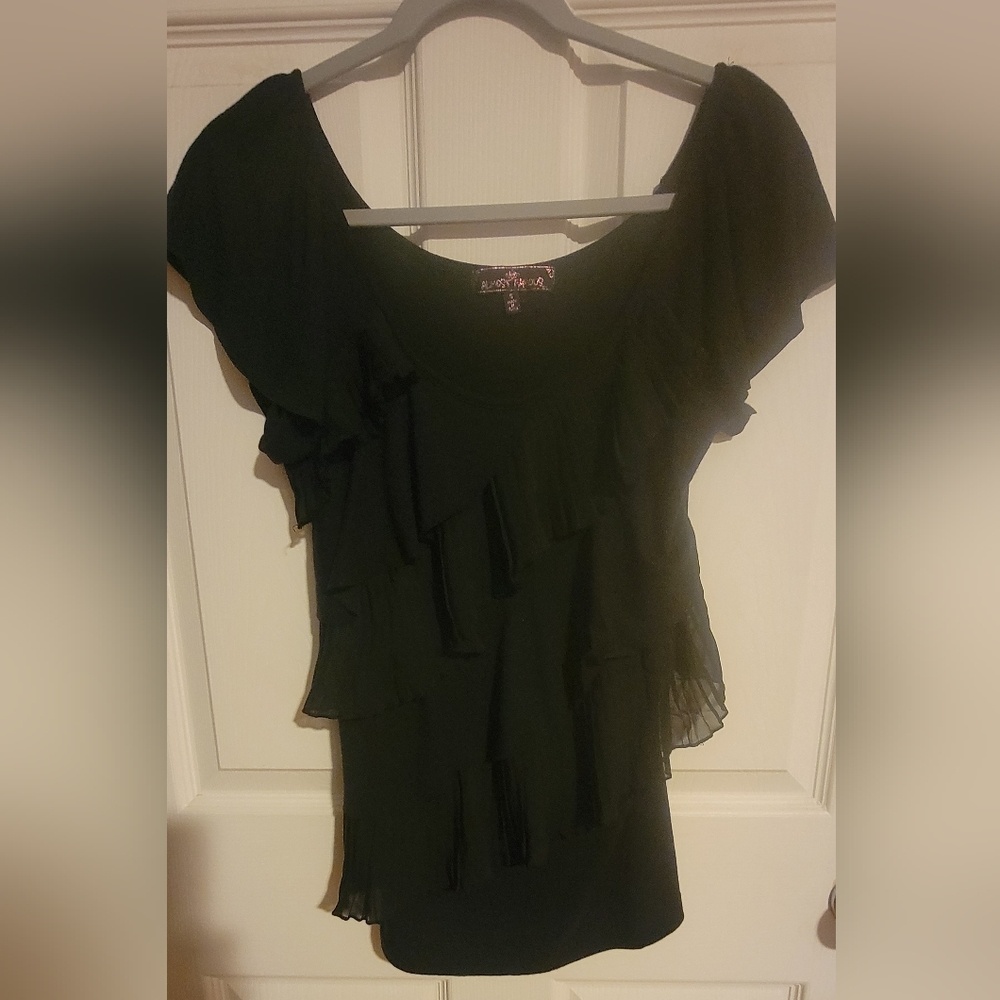 Almost Famous Women's short sleeve shirt w/ lace and ruffle detail - Bla…